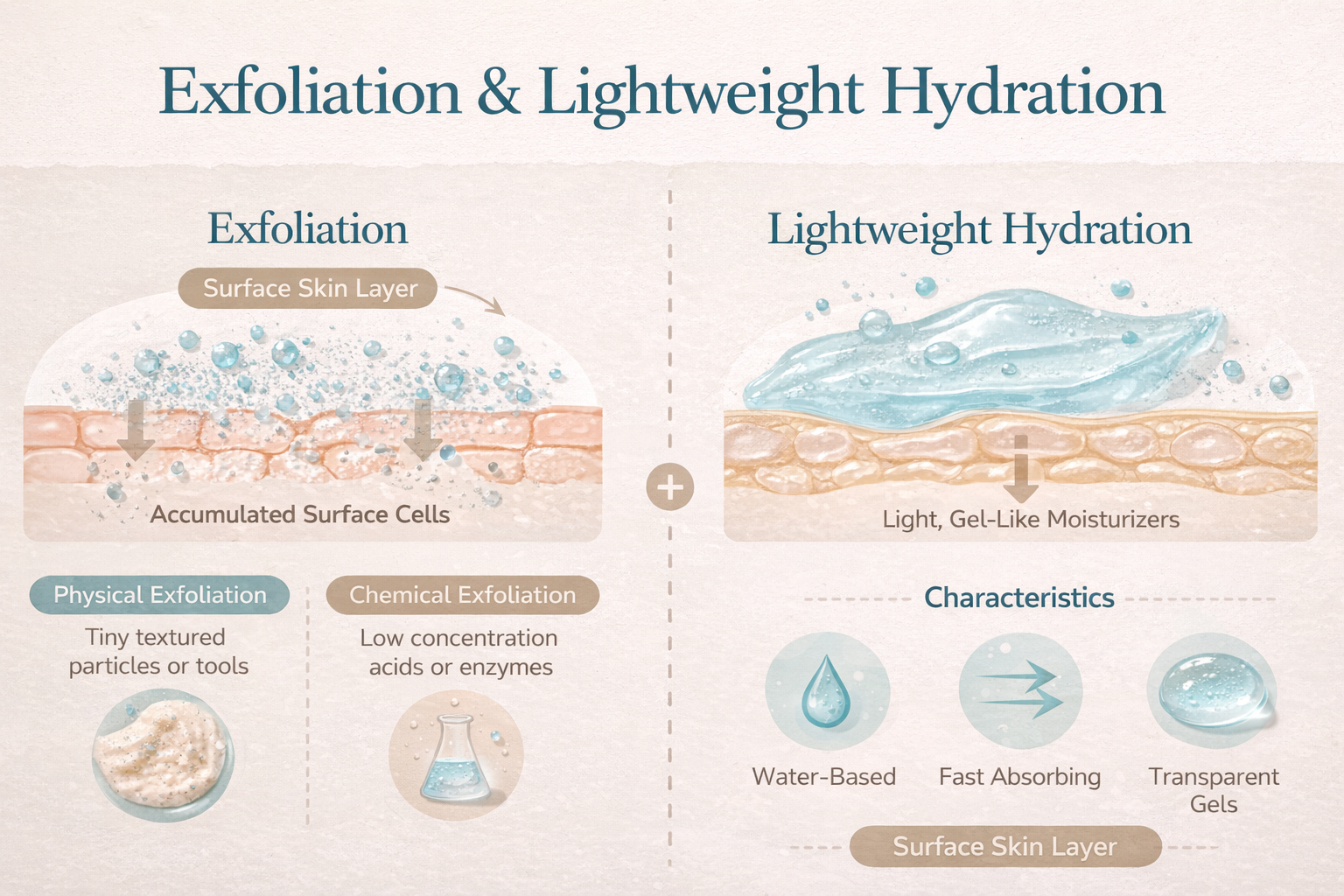 Diagram showing surface skin layers, exfoliation particle illustrations, and lightweight hydration textures in labeled sections