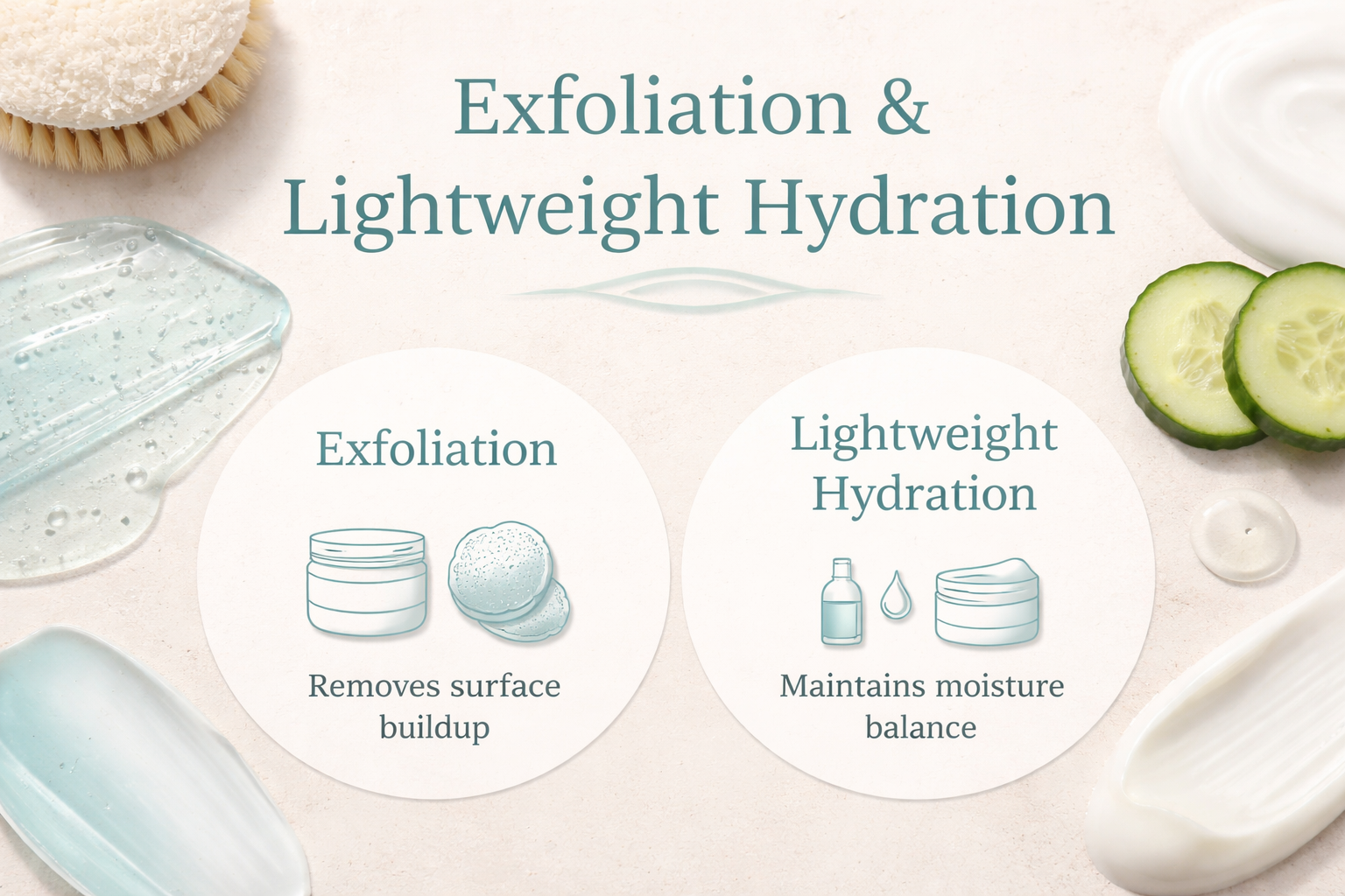 exfoliation-lightweight-hydration-infographic. Simple diagram showing two labeled sections representing exfoliation and lightweight hydration within a basic skin care routine layout.