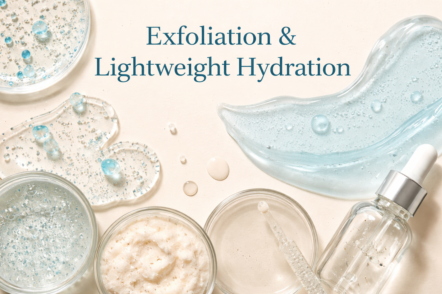 Close-up visual of gel-like skincare textures and small exfoliating particles on a neutral background