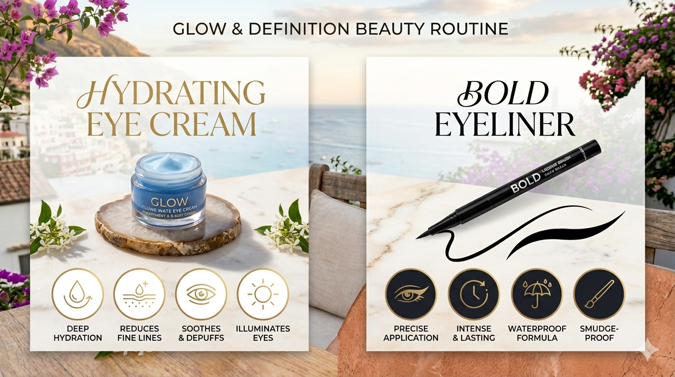 Visual layout showing eye cream textures and eyeliner formats including pencil, liquid, and gel