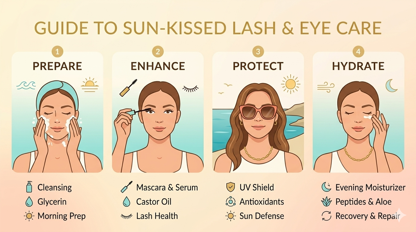 Graphic layout showing eye makeup areas, eyelashes, and eyelid features using labeled visual sections.