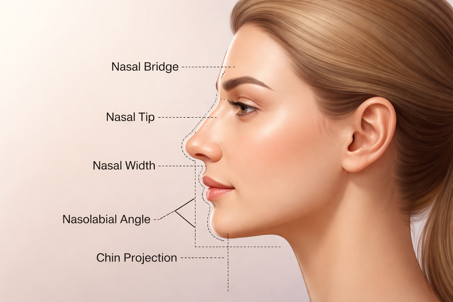 Side view of a human face showing nose alignment with chin and forehead against a neutral background