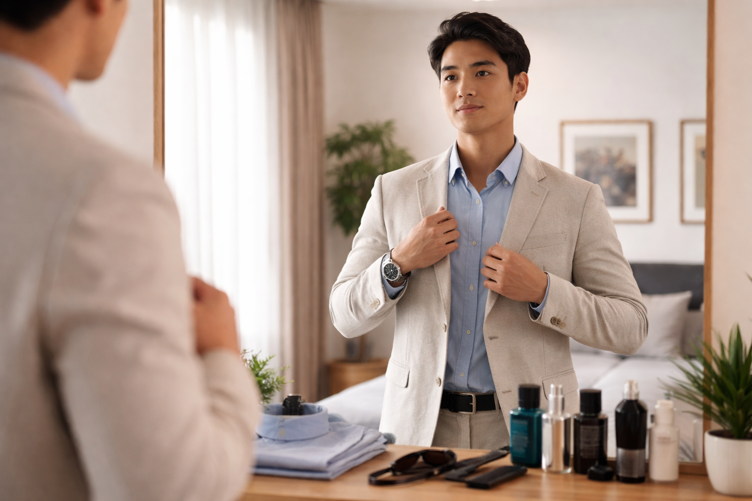 An individual adjusting clothing and grooming details while standing in front of a mirror in a softly lit room