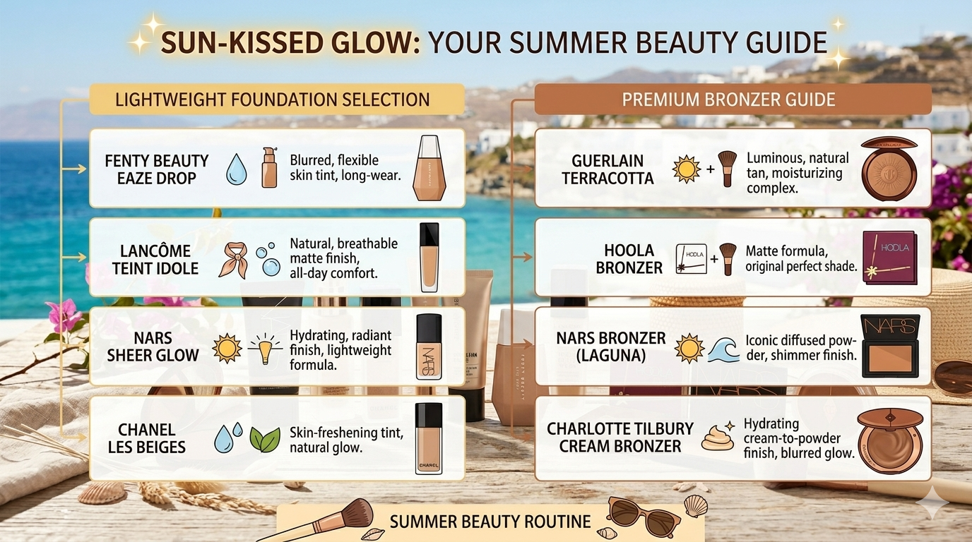 Illustrated comparison chart showing cosmetic foundation textures such as liquid, gel, and tint alongside bronzer formats including powder, cream, and stick.
