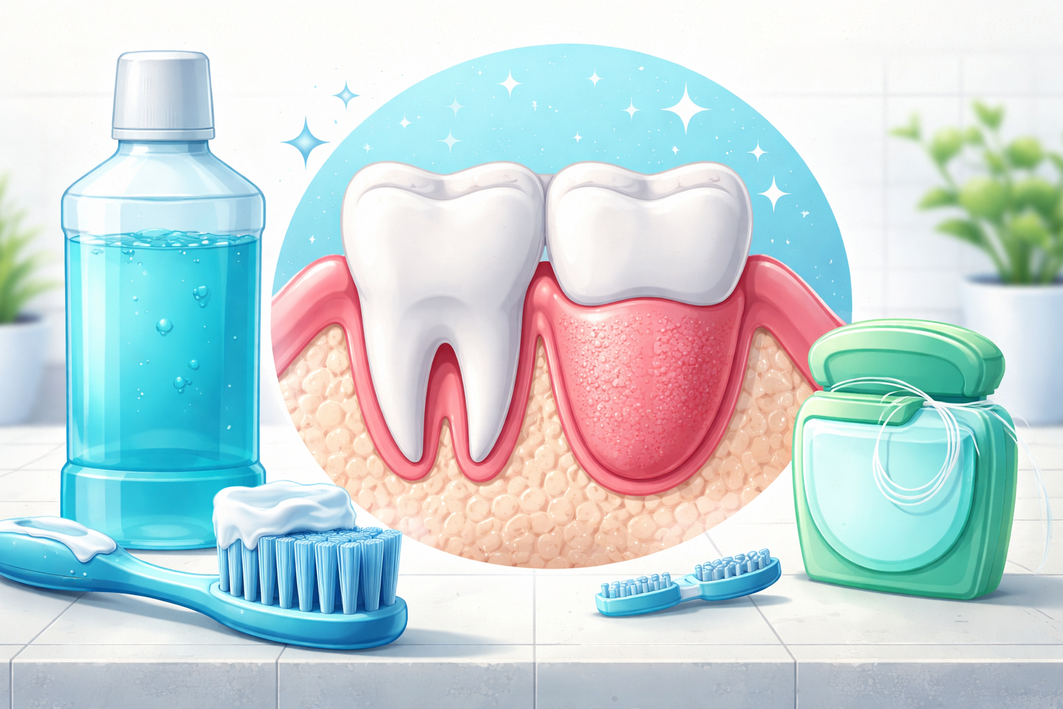 Close-up illustration of teeth, gums, and tongue with toothbrush and floss placed on a clean bathroom surface.