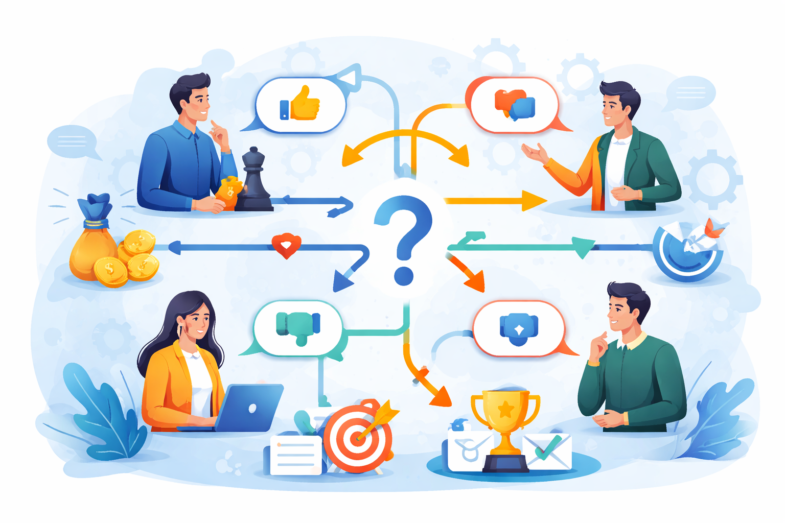 Illustration of multiple individuals connected by arrows and symbols representing choices and possible outcomes