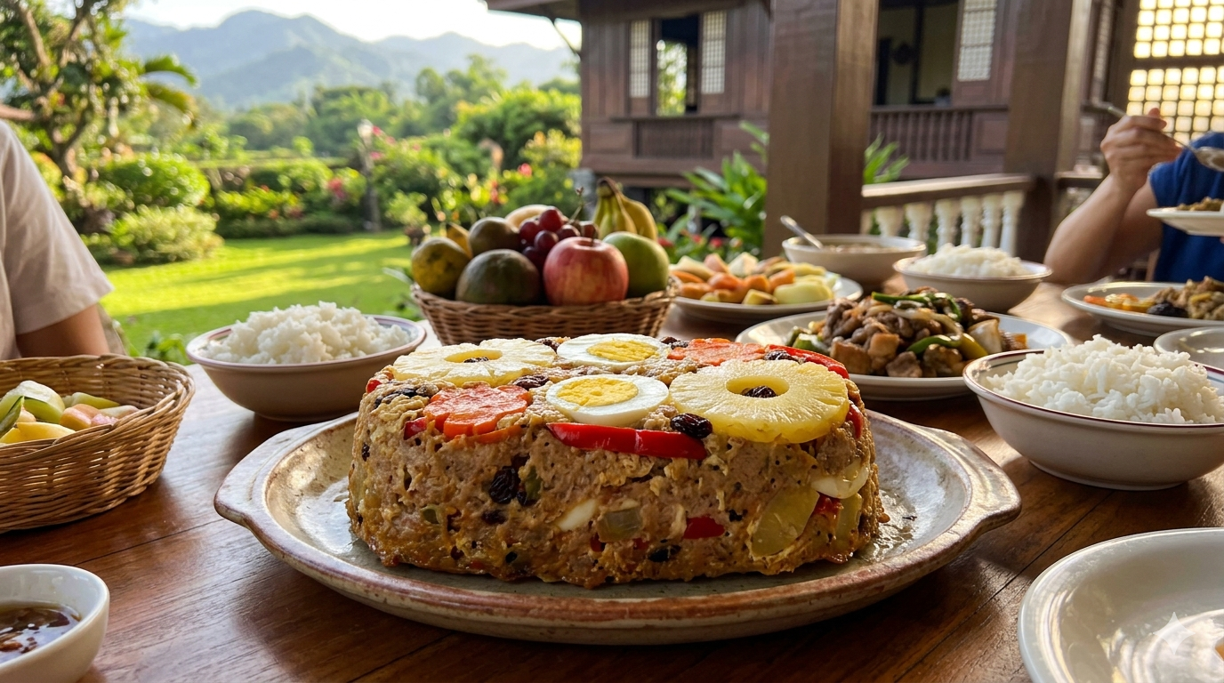 hardinera-filipino-dish-cover. Steamed Hardinera in a metal mold with sliced eggs and vegetables arranged on top