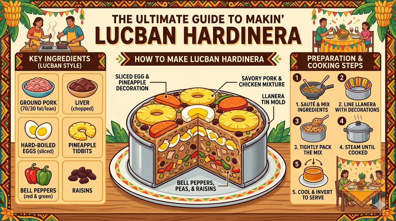 Diagram showing Hardinera ingredients, mixing process, molding, and steaming steps