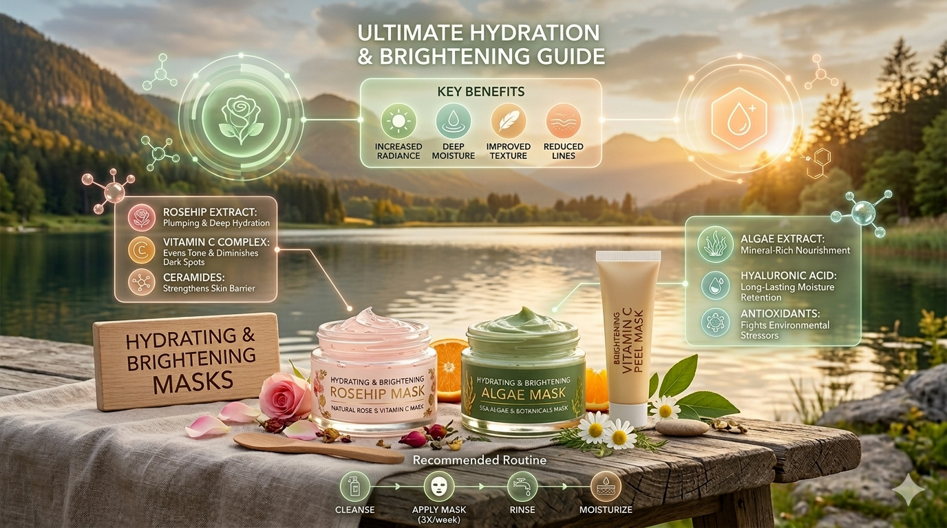 Illustrated infographic showing different facial mask formats and ingredient categories used in cosmetic skincare.