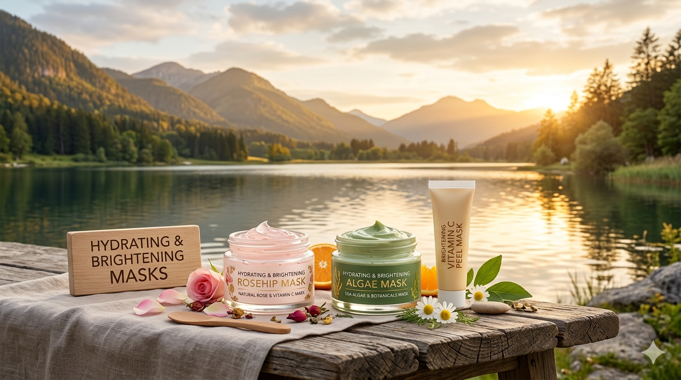 Flat lay showing sheet masks, gel masks, and cosmetic containers arranged on a neutral background.