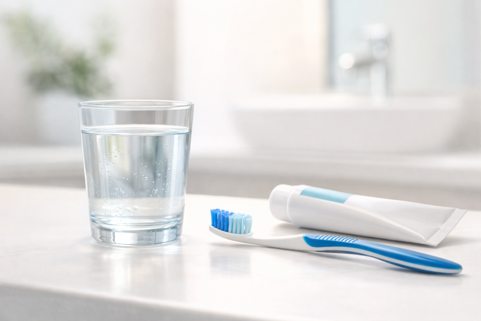 Glass of water beside a toothbrush and toothpaste on a bathroom counter with soft natural lighting