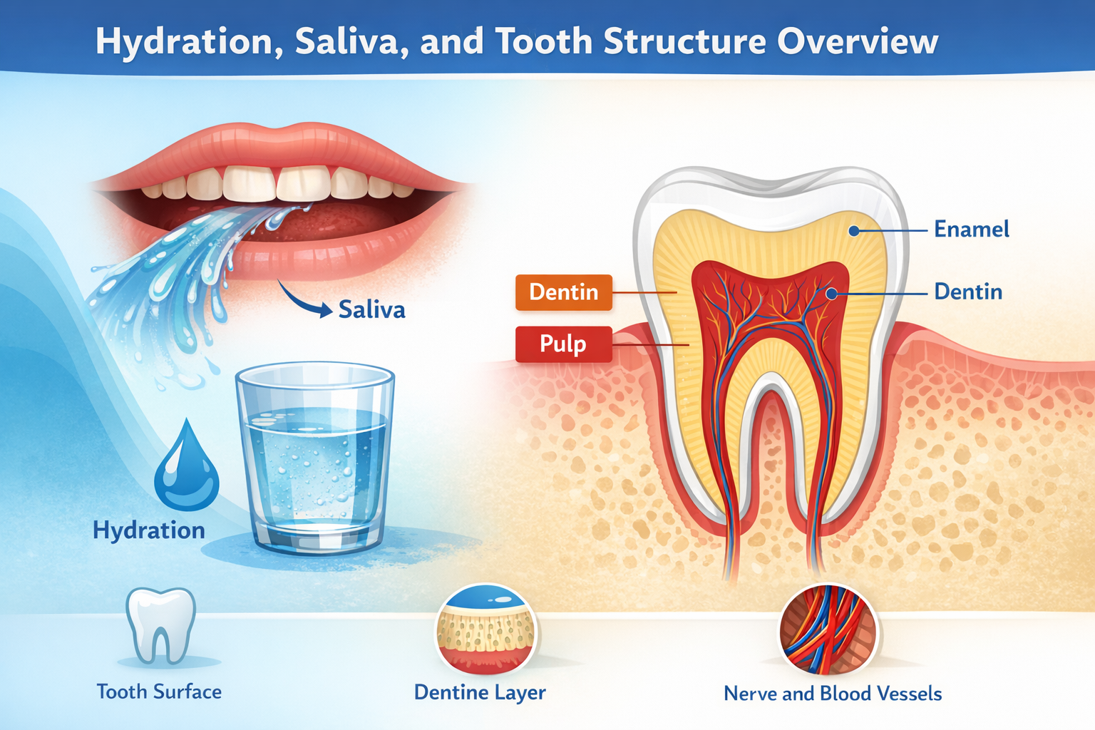 Diagram showing tooth layers with labels for enamel, dentin, pulp, and saliva flow in the mouth