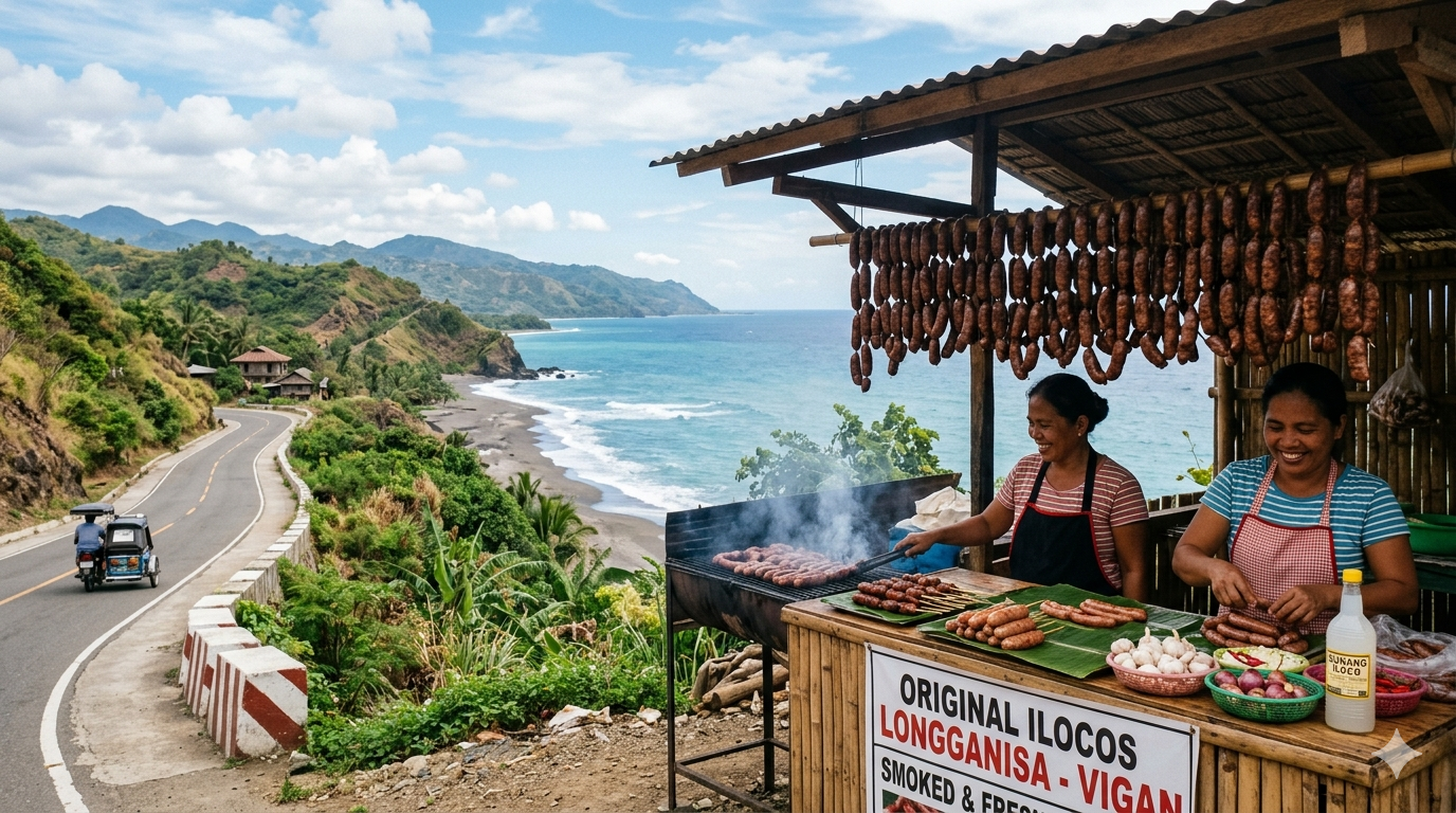 Plate of Ilocos longganisa with rice and fried egg, arranged on a wooden table