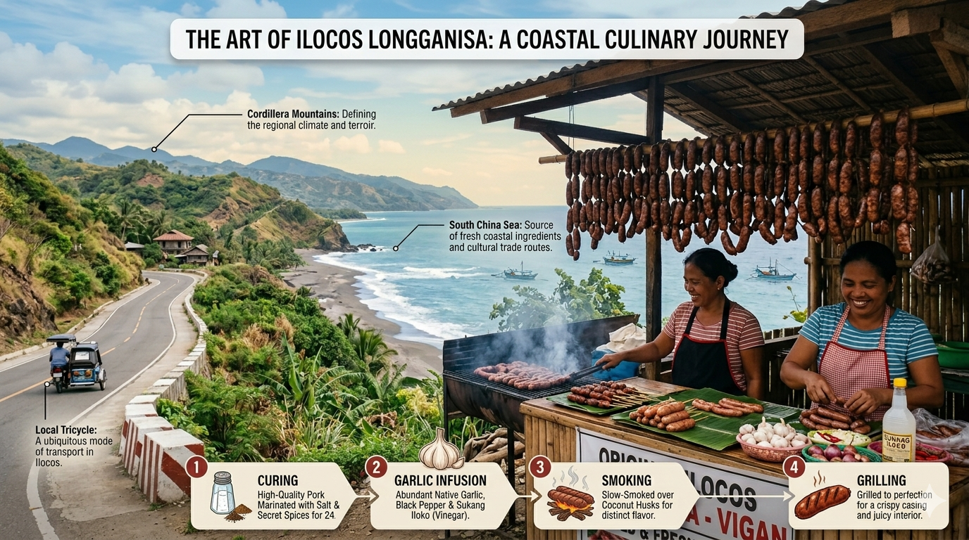 Infographic showing ingredients, seasoning elements, and cooking steps of Ilocos longganisa