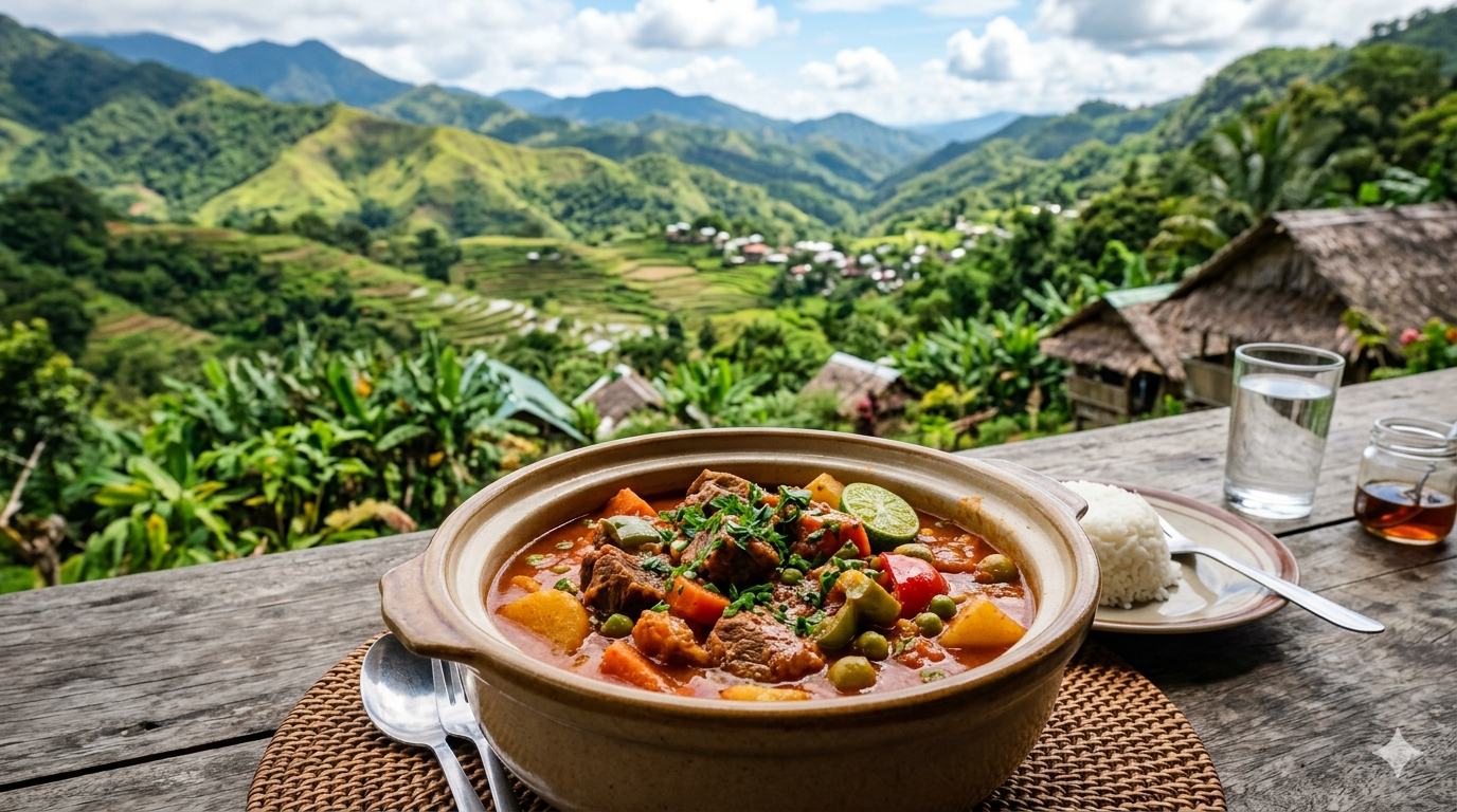 Close-up of Kalderetang Kambing with vegetables and tomato sauce