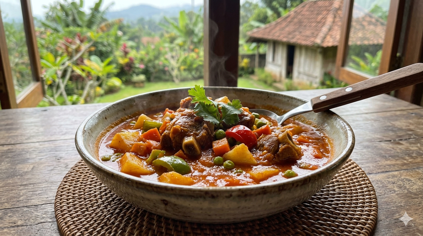 kalderetang-kambing-cover. Visual of Kalderetang Kambing in a serving dish with vegetables and sauce.