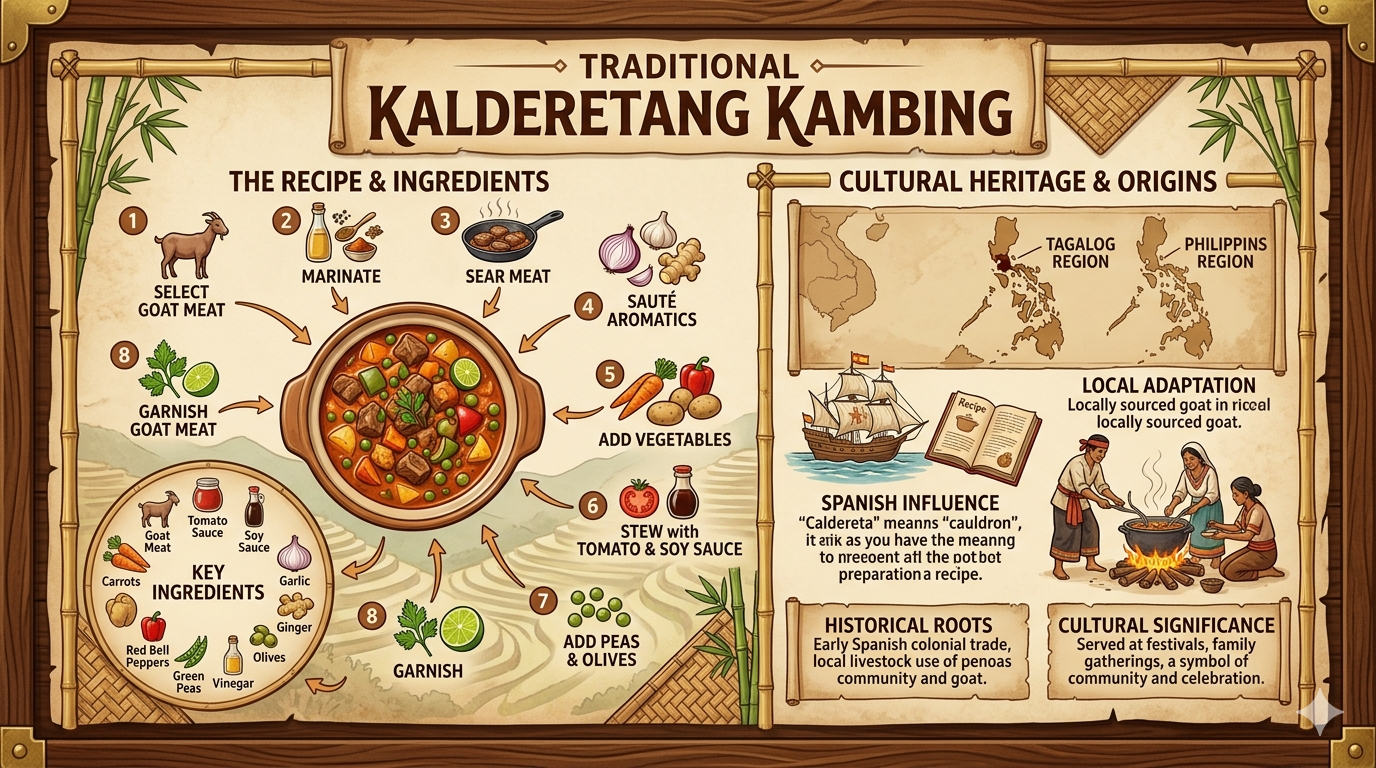 Infographic showing main ingredients and macronutrients of Kalderetang Kambing