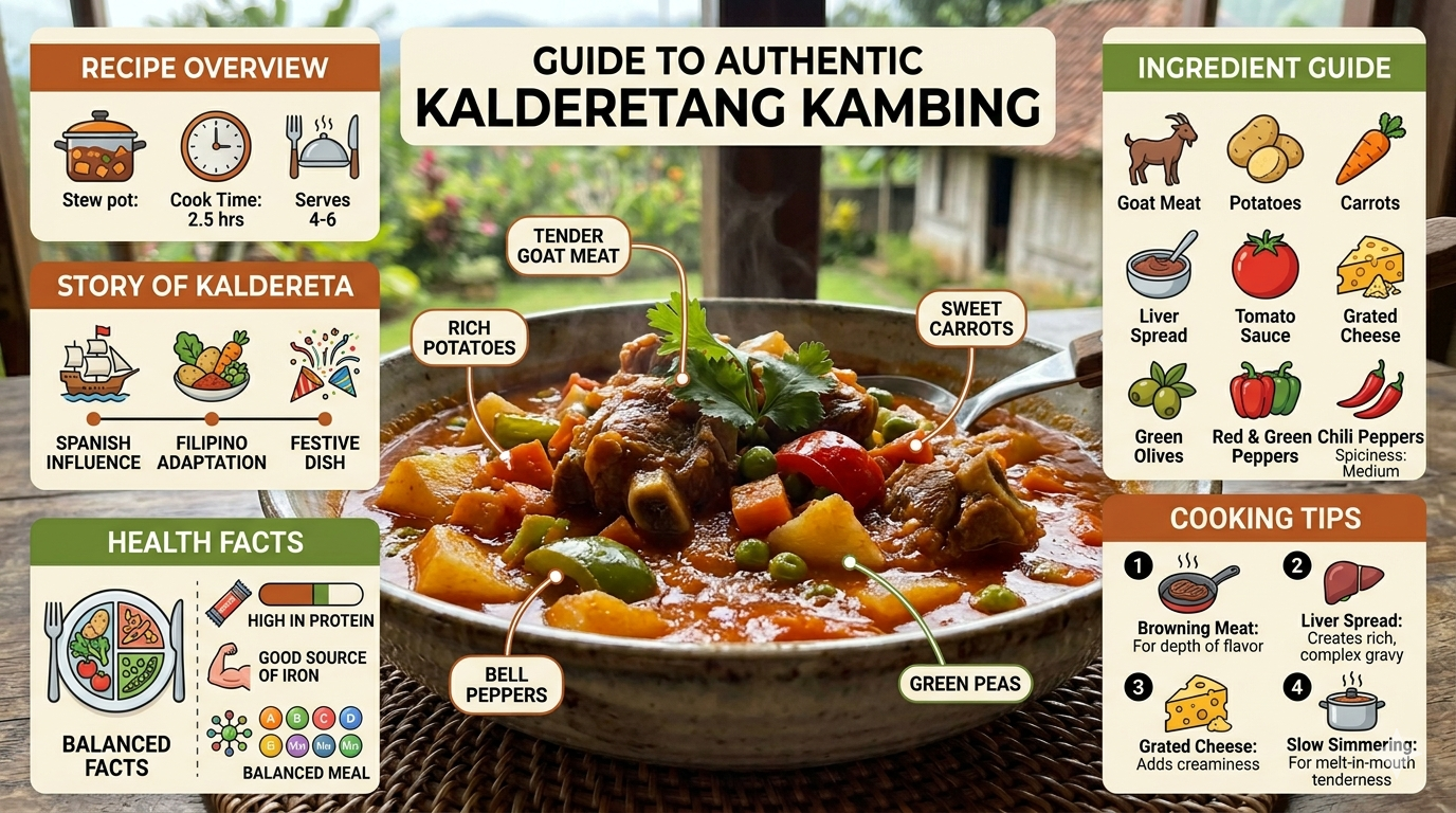 Illustration showing components of Kalderetang Kambing and typical serving portions.
