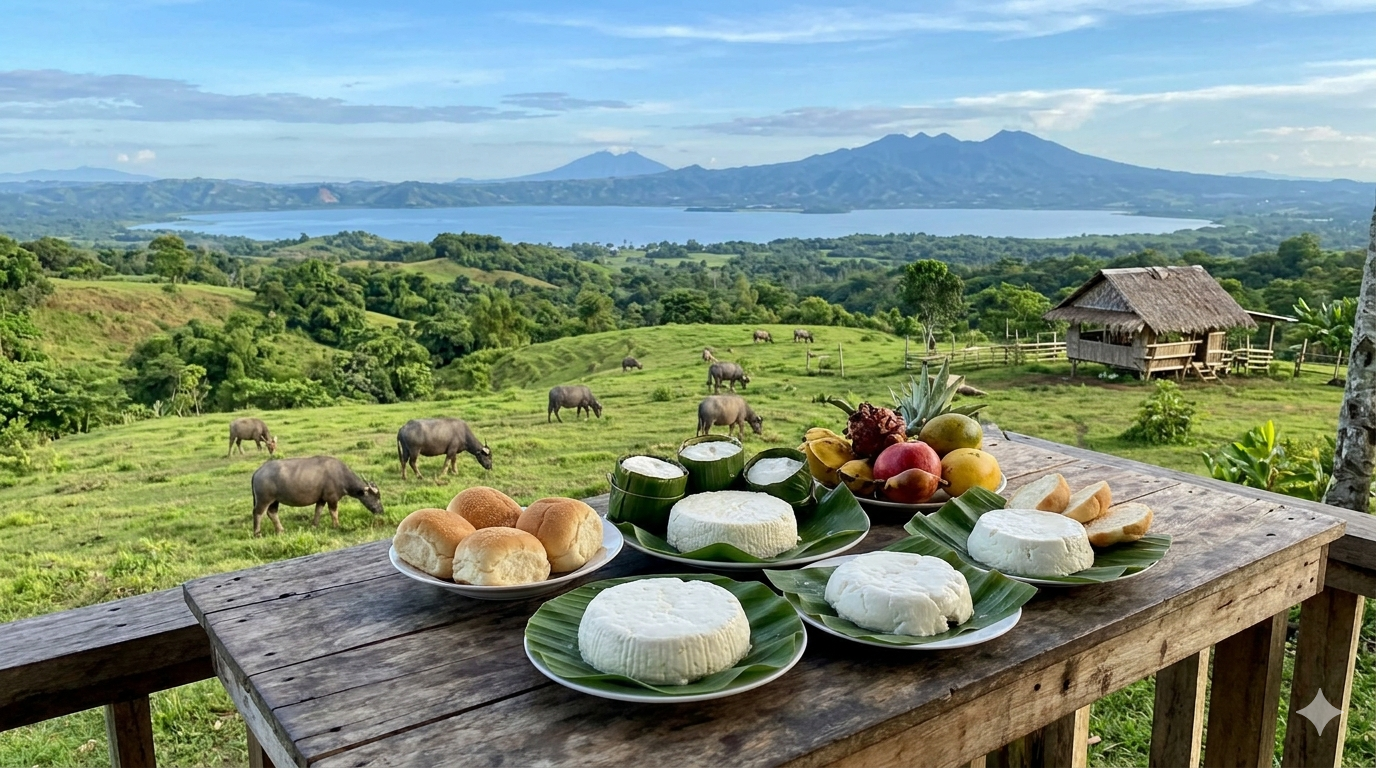 Slices of Kesong Puti displayed on a plate with pandesal and tomatoes