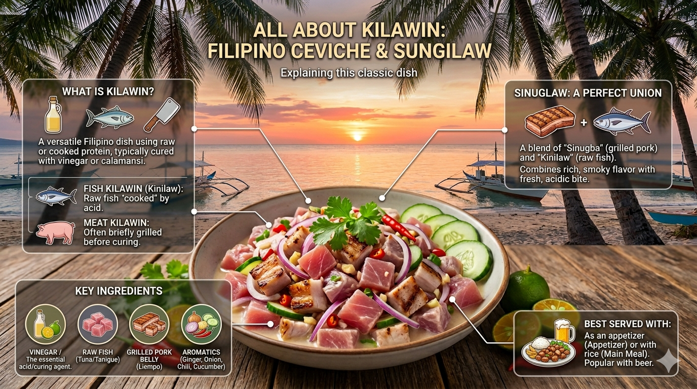 Visual infographic showing kilawin ingredients and marination steps