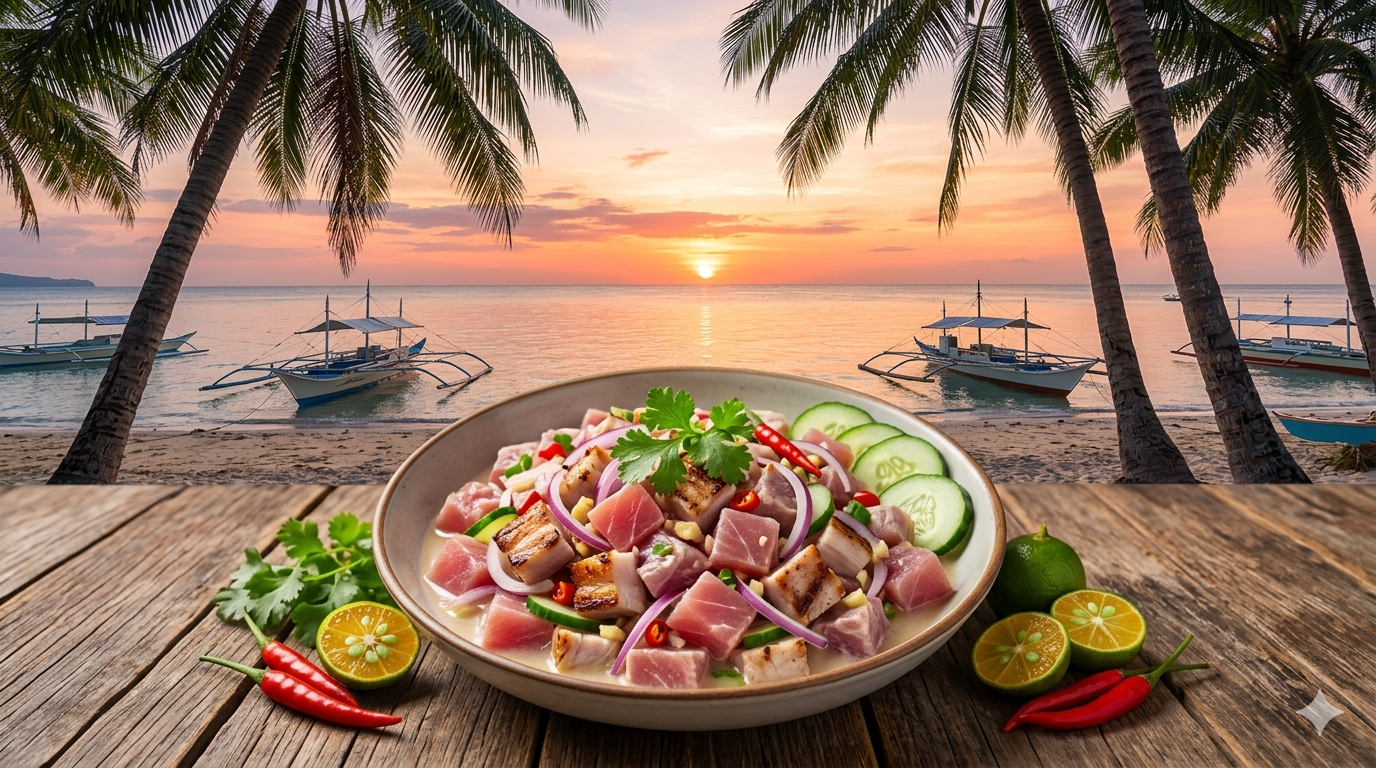 kilawin-traditional-filipino-dish. Kilawin served in a bowl with garnishes on a wooden table