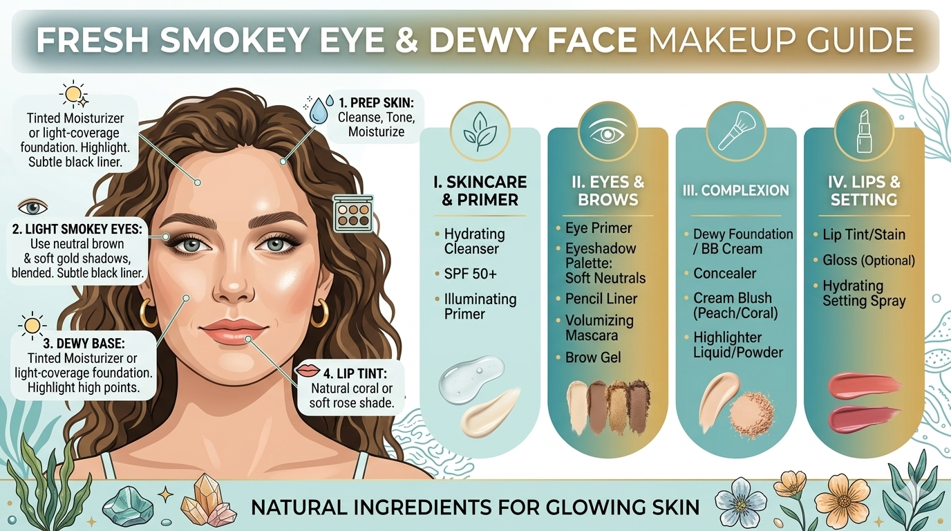 Infographic illustrating cosmetic products and tools commonly associated with light smokey eye and fresh face makeup styles.