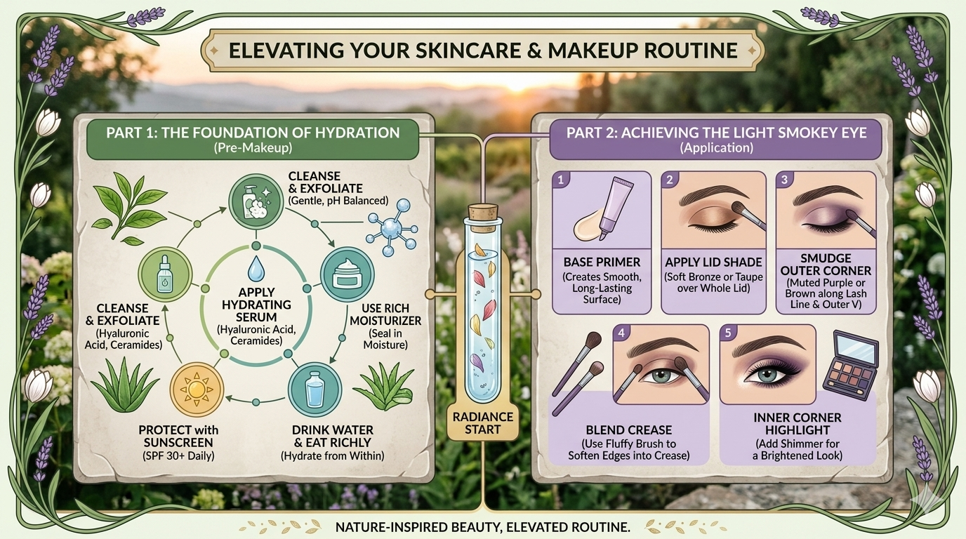 Infographic showing smokey eye shading layers alongside a labeled diagram representing tear film layers on the eye surface.