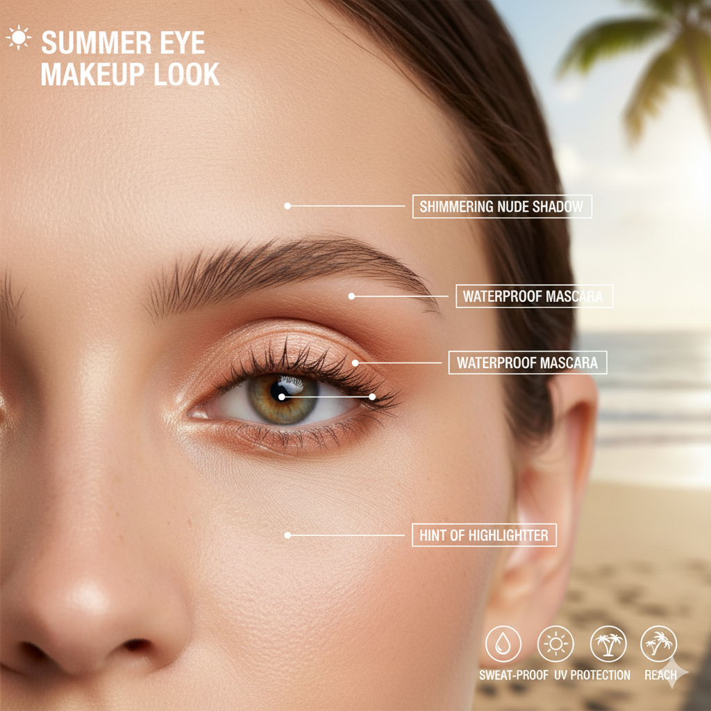 Illustrated diagram showing cosmetic items such as mascara, eyeliner, and eyeshadow with labels describing textures and application areas.