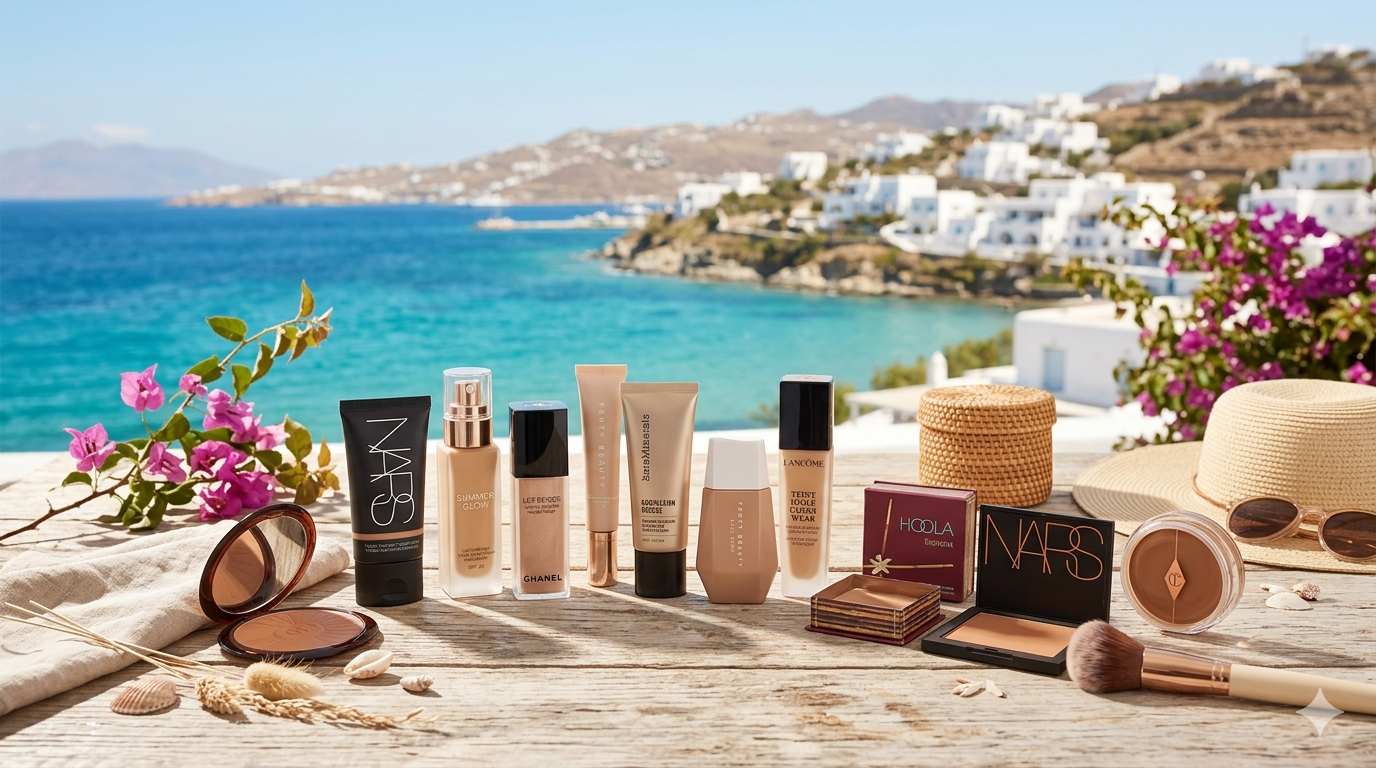 Flat lay of cosmetic foundation bottles, bronzer palettes, and makeup brushes arranged on a neutral surface with soft summer lighting.