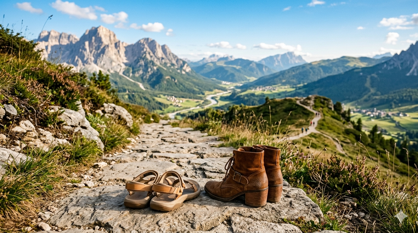 lightweight-sandals-stylish-ankle-boots-cover. Lightweight sandals and ankle boots placed side by side on a clean neutral background