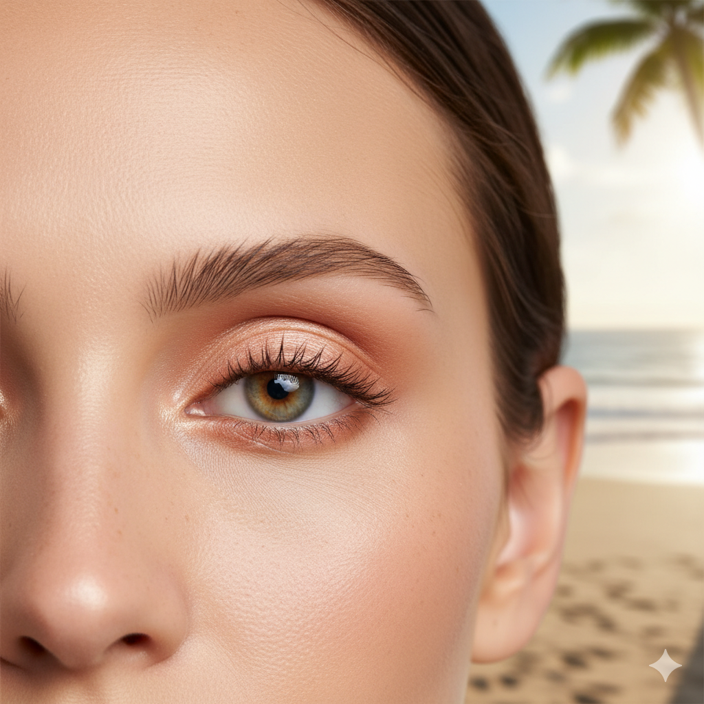 Close-up of eyelids with soft neutral eyeshadow and mascara under natural summer lighting