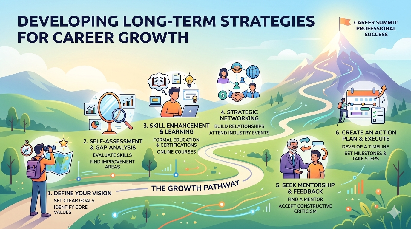 Infographic showing sections on skills, goal setting, adaptability, and communication within long-term career strategy concepts