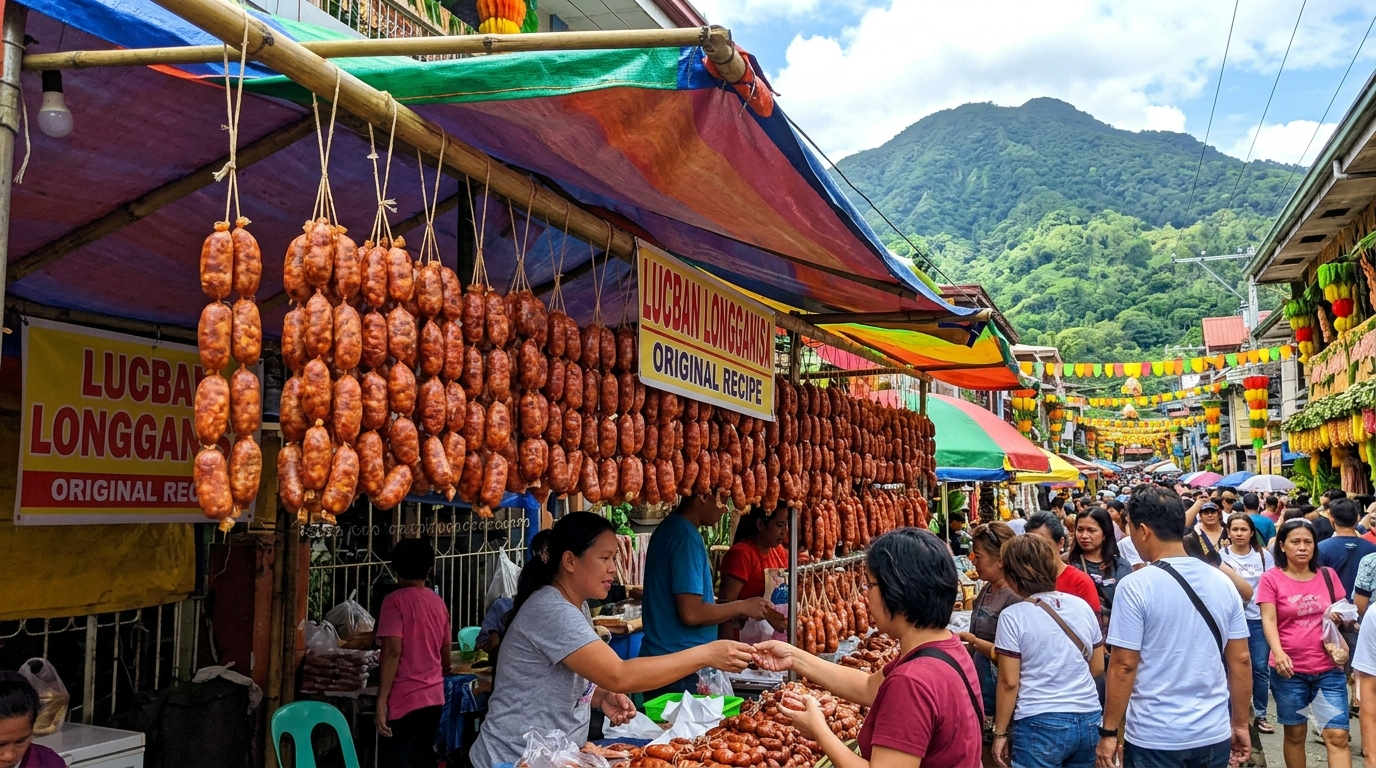 Cooked Lucban longganisa served with rice, garlic cloves, and sliced tomatoes on a plate