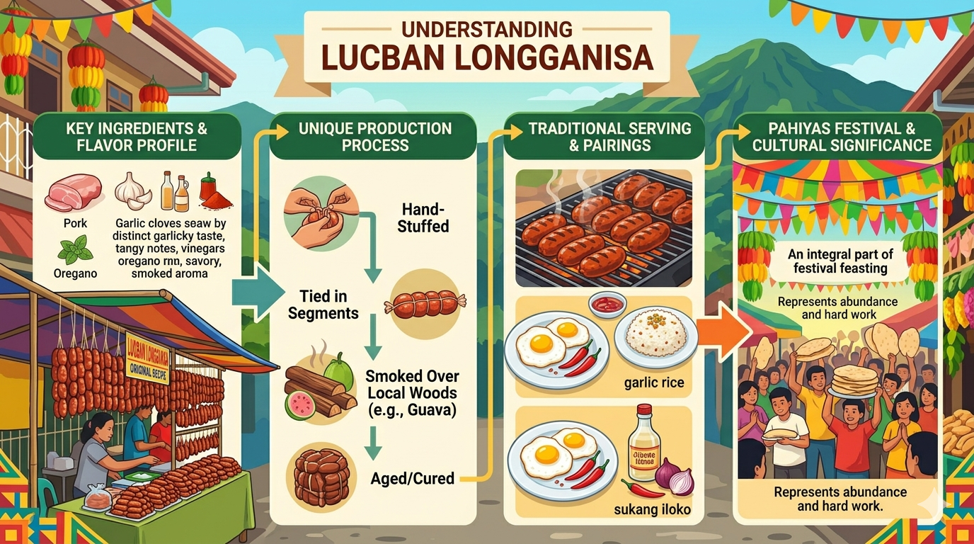 Diagram showing ingredients of Lucban longganisa and its classification as a processed meat within food groups