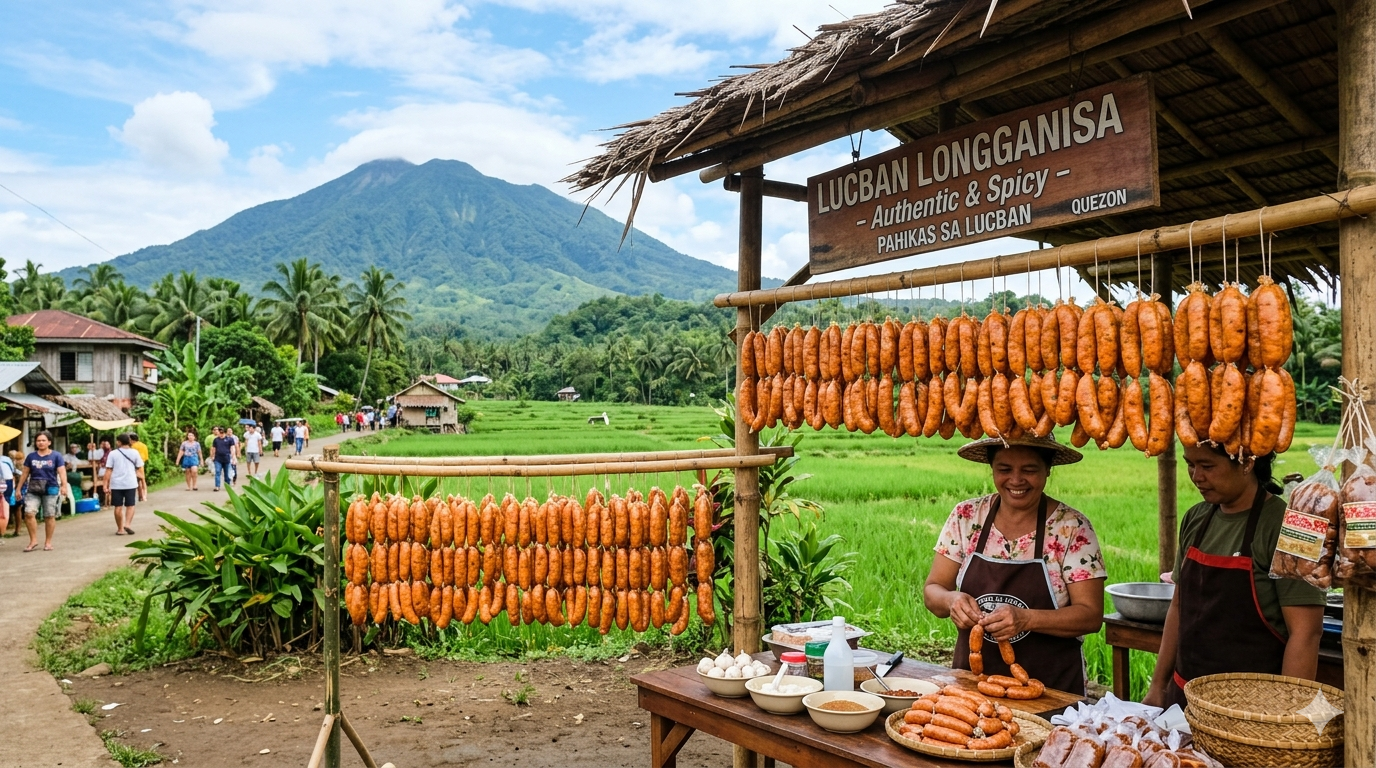 Cooked Lucban longganisa served with rice and egg on a plate