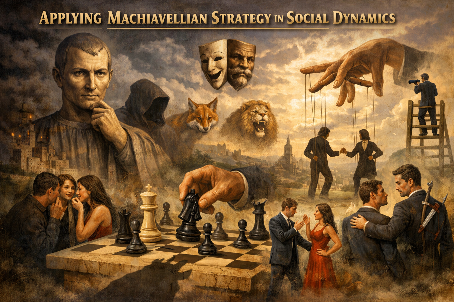 Illustration of individuals interacting in a structured social setting with symbolic elements of strategy and observation