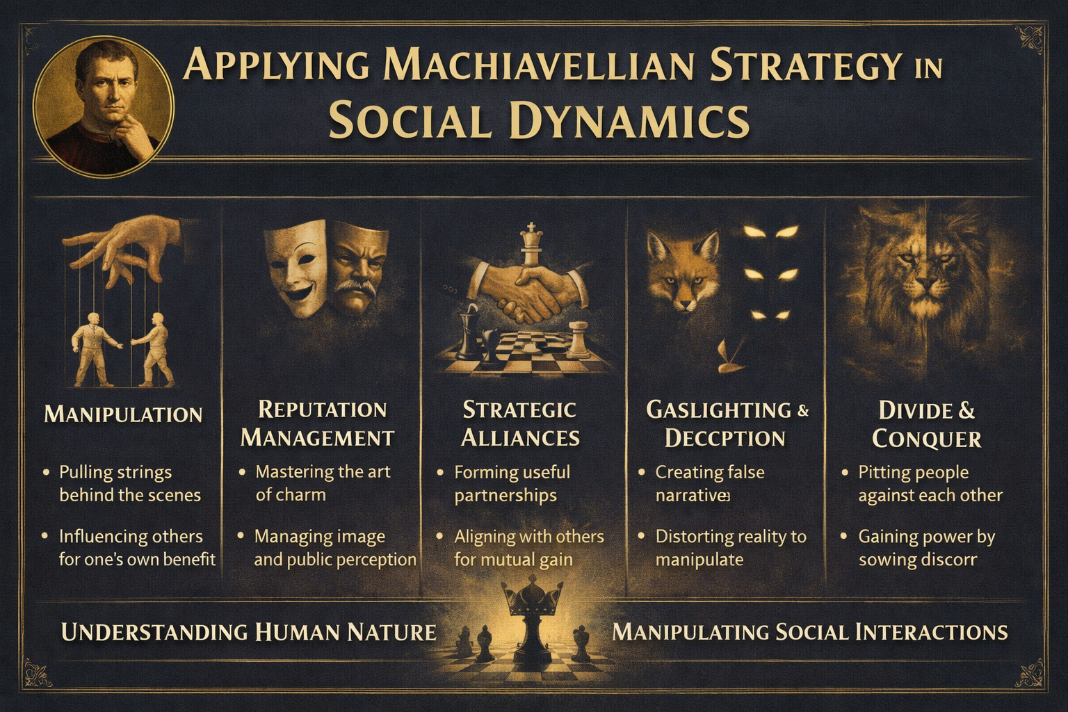 Infographic showing definitions, historical background, and psychological traits linked to Machiavellianism