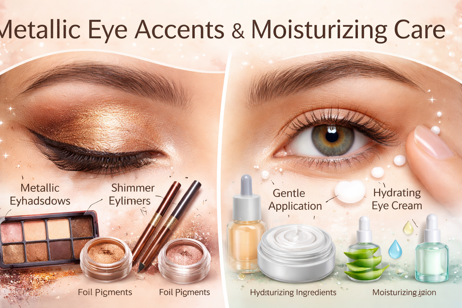 Close-up view of eyelids with metallic-toned eye makeup and neutral lighting highlighting reflective pigments.