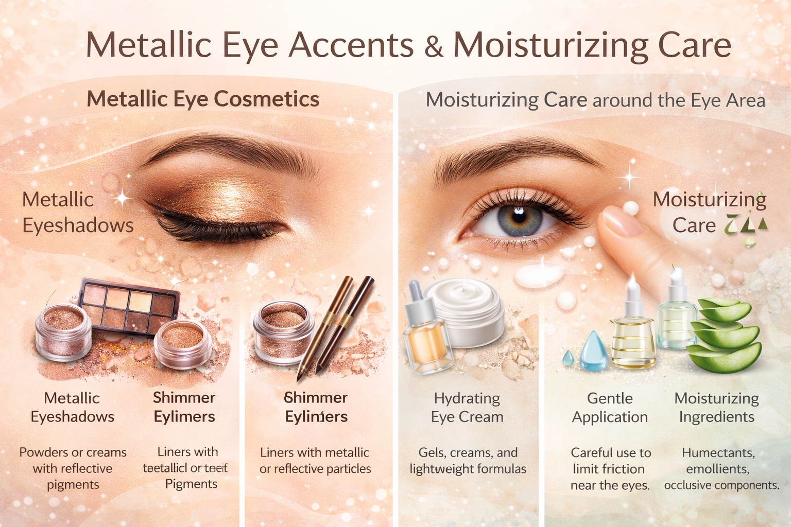 Visual diagram presenting metallic eye cosmetic textures and basic moisture care elements related to the eye area.