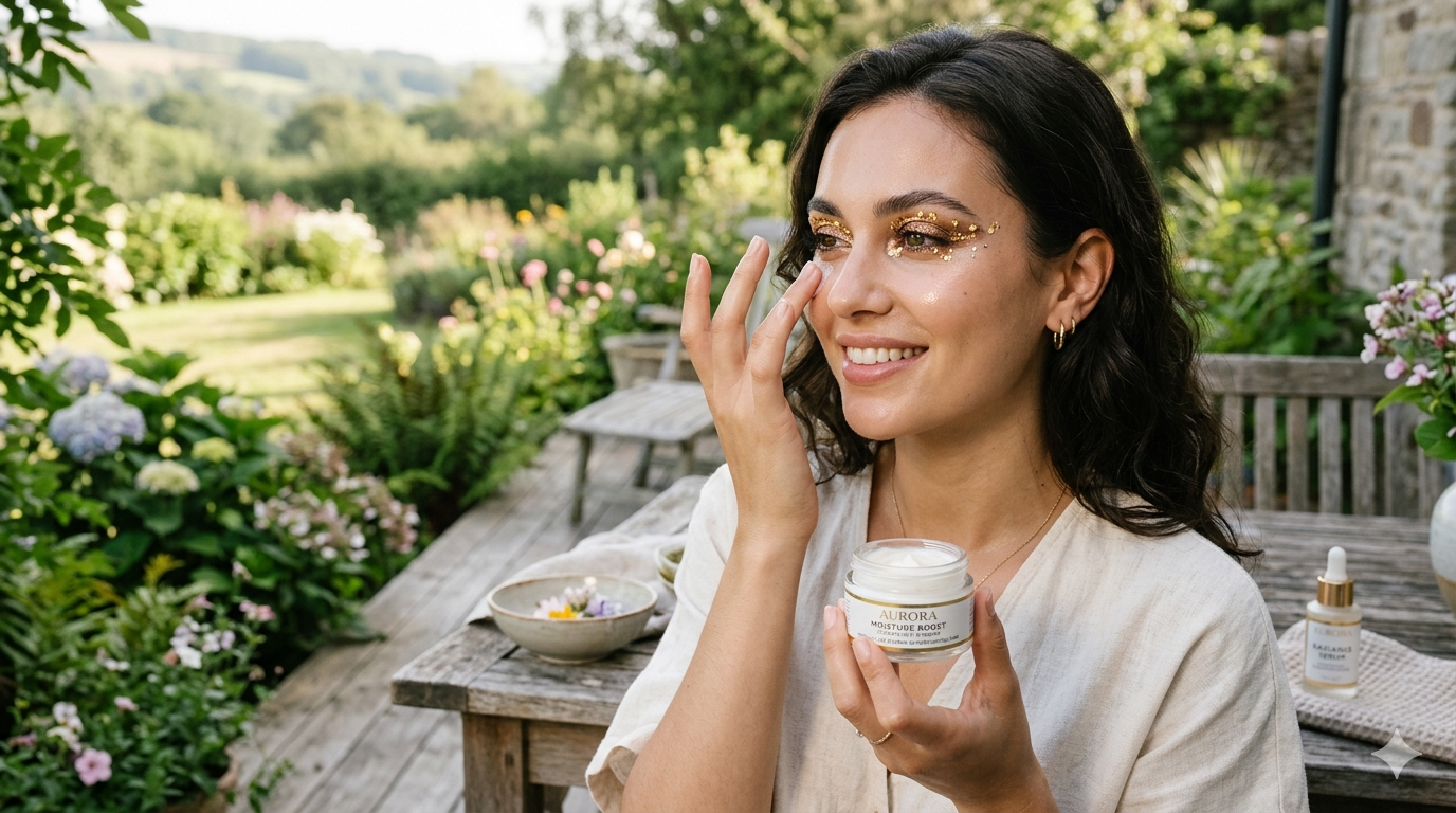 Close-up image of metallic eyeshadow with reflective pigments on an eyelid under soft lighting.