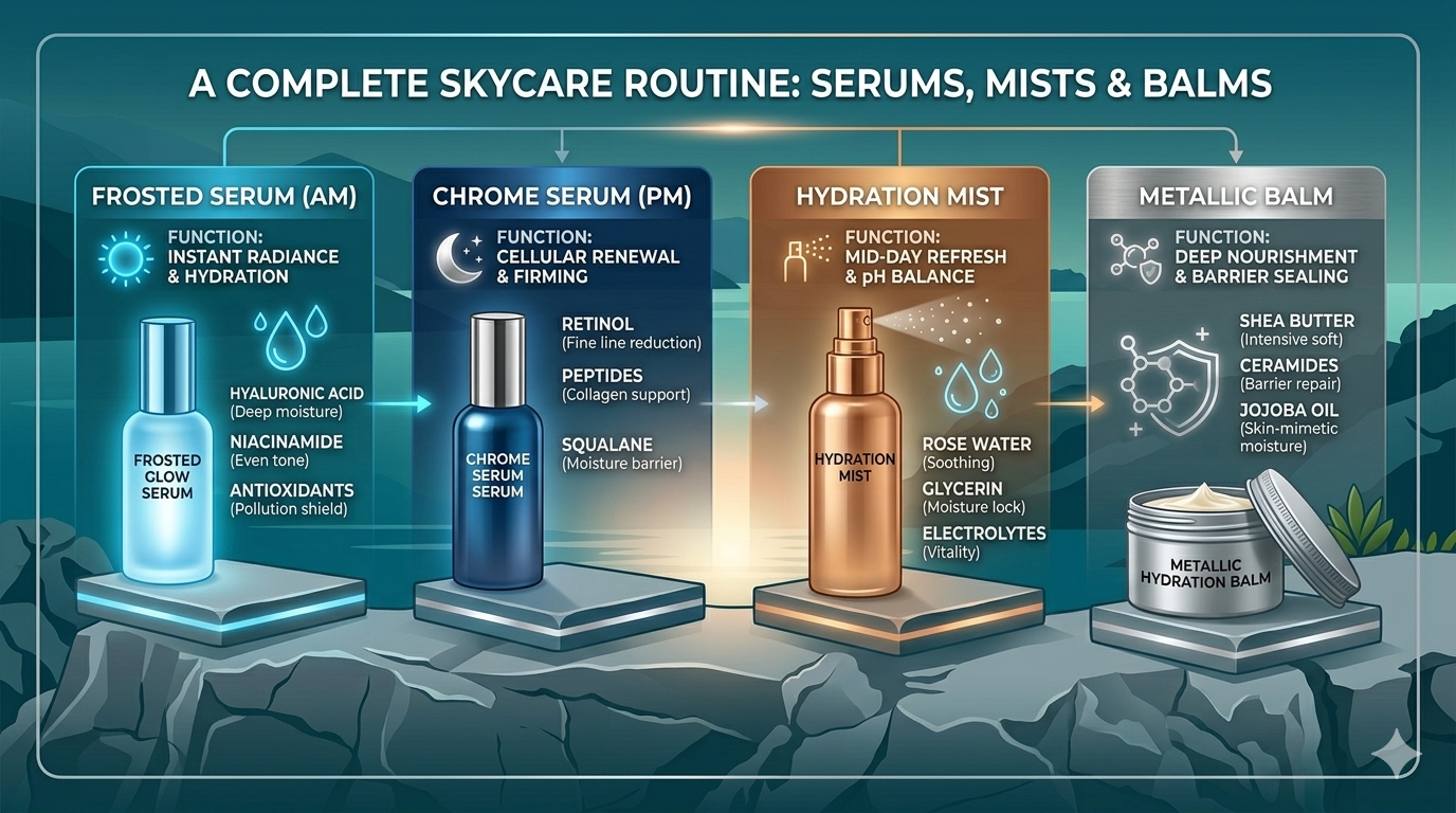 Diagram showing cosmetic pigment particles, hydration ingredients, and serum formulation layers.