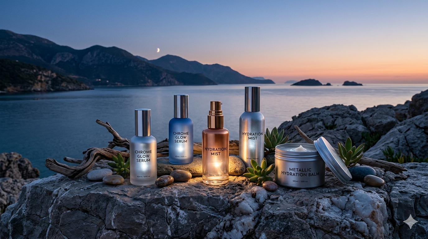 Close-up image of metallic glow serum with reflective pigment particles and liquid texture on a neutral background.