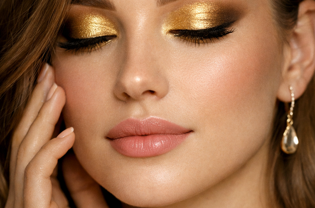 Metallic Gold Eyes & Soft Lip Shades