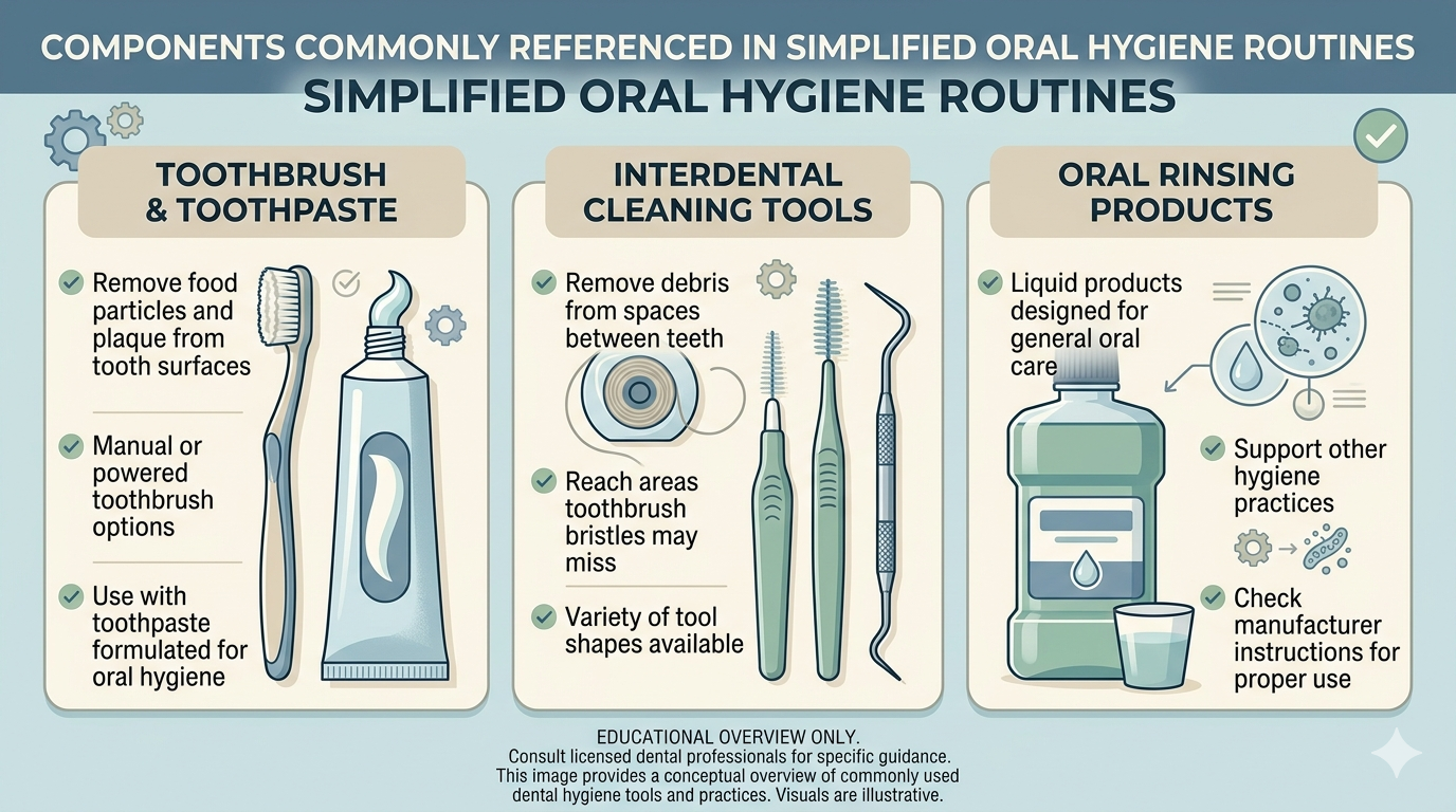 Illustrated layout showing toothbrush, toothpaste, dental floss, and labeled tooth structure layers in a minimalist style.