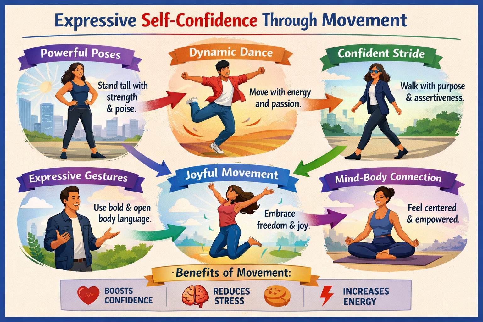 Visual diagram showing posture, gestures, facial expressions, and spatial movement in communication contexts