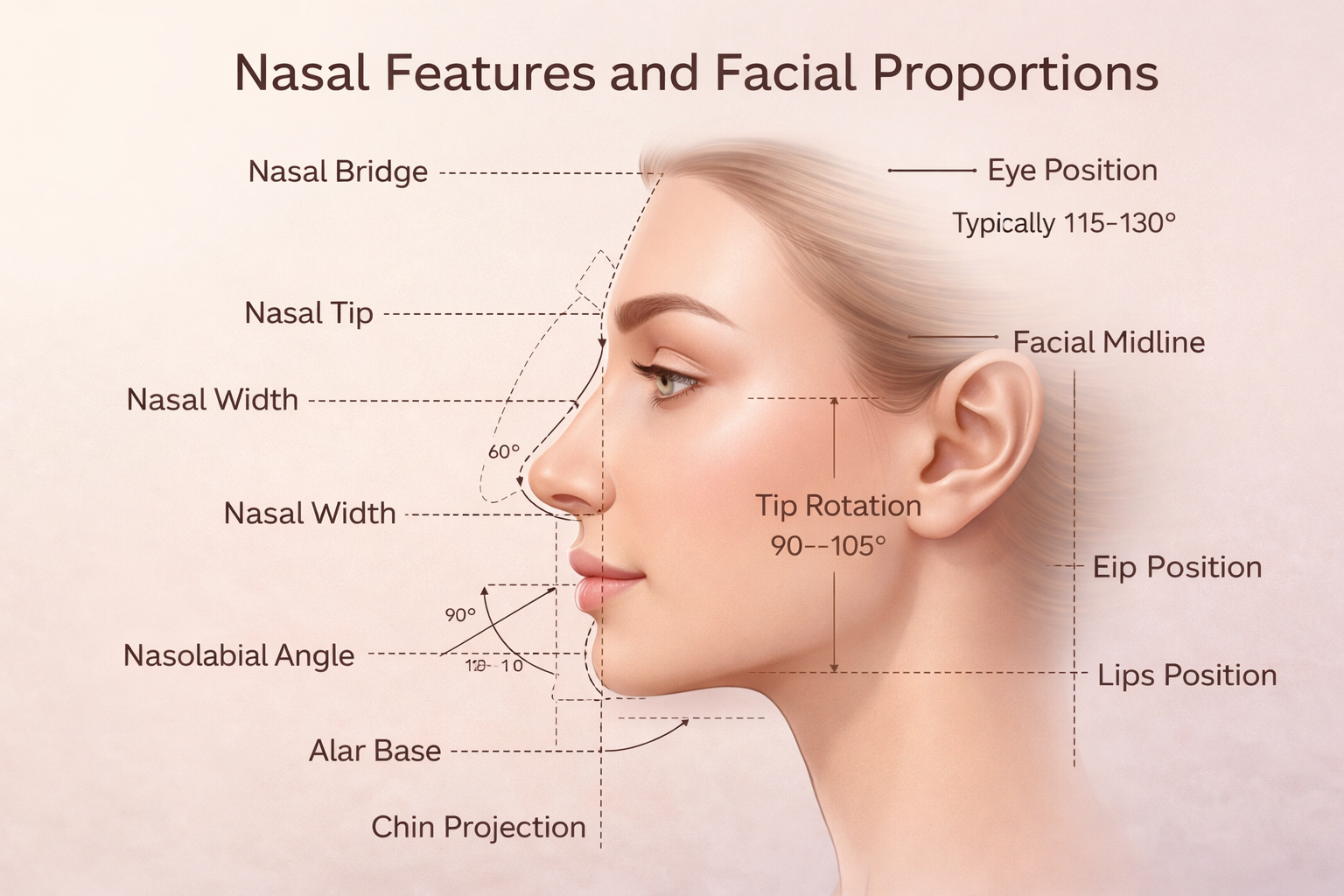 Diagram labeling nasal bridge, tip, width, and angles alongside eyes, lips, and chin