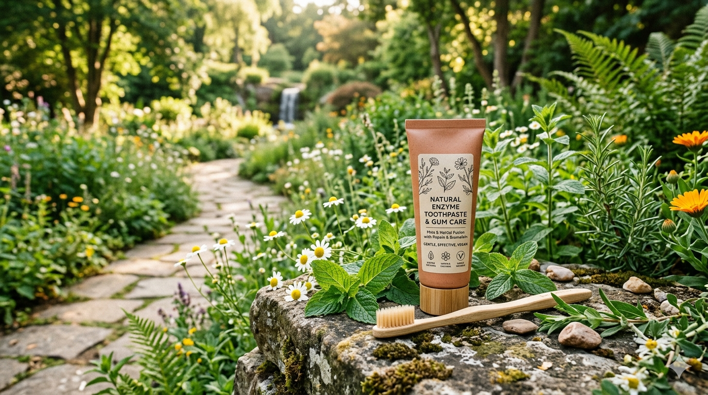 Toothbrush with toothpaste beside green leaves and water droplets on a light background.