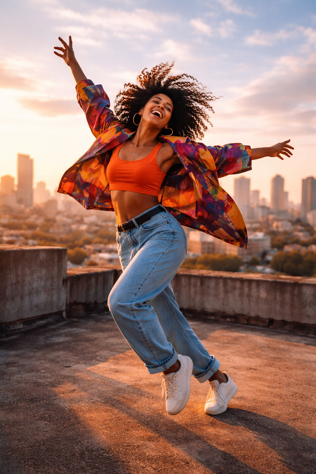 Person standing upright with relaxed posture and visible hand gestures in a neutral indoor space