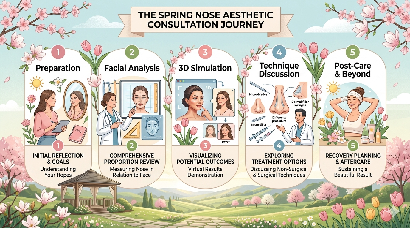 Infographic illustrating consultation steps, nasal anatomy elements, and seasonal timing factors
