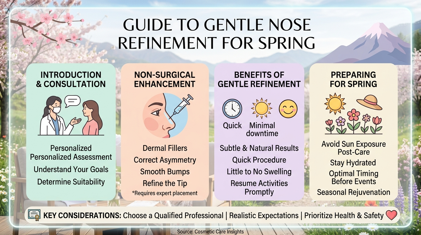 Illustration of nasal anatomy with labeled areas and comparison of surgical and non-surgical refinement methods
